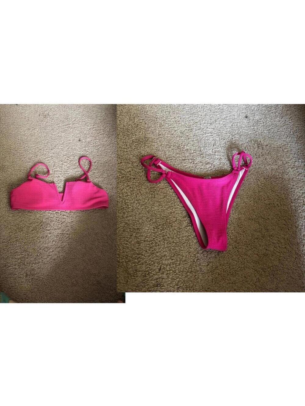🇺🇸SHEIN Pink Deep V Adjustable Strap Bikini Top and Cheeky Bottom Set